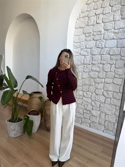 Yaka Detaylı Çizgili Bordo Hırka