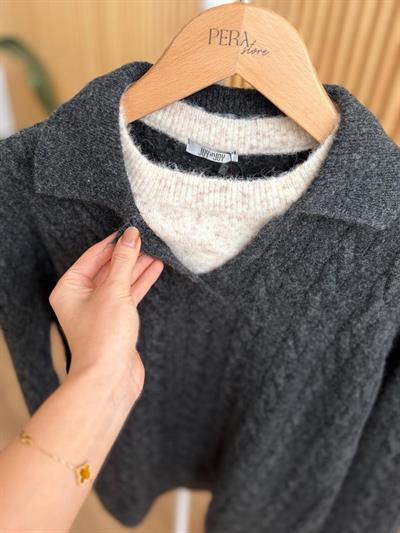 Yaka Detaylı Saç Örgülü Antrasit Kazak