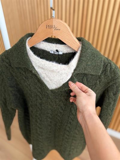 Yaka Detaylı Saç Örgülü Haki Kazak