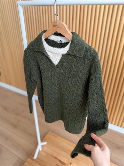 Yaka Detaylı Saç Örgülü Haki Kazak