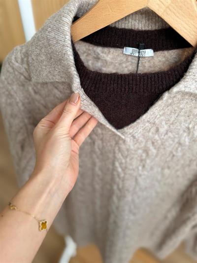 Yaka Detaylı Saç Örgülü Vizon Kazak