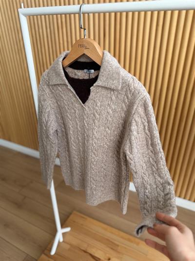 Yaka Detaylı Saç Örgülü Vizon Kazak