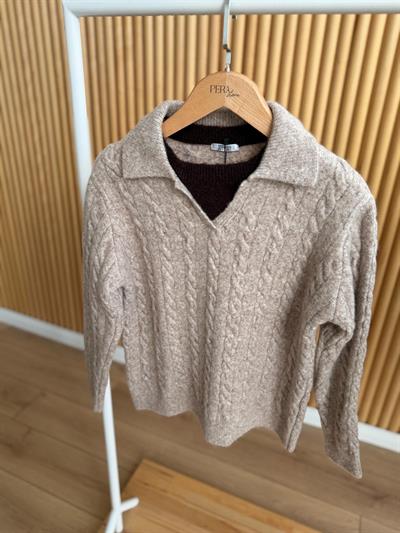 Yaka Detaylı Saç Örgülü Vizon Kazak