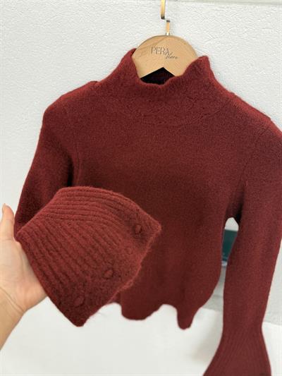 Yakası Ajurlu İspanyol Kol Bordo Triko