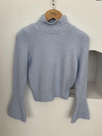 Yakası Ajurlu İspanyol Kol Mavi Triko