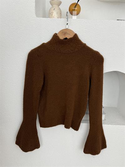 Yakası Ajurlu İspanyol Kol Mocha Triko