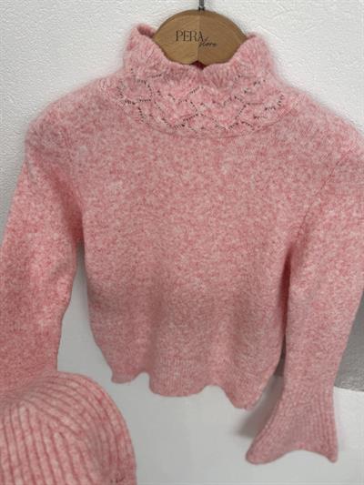 Yakası Ajurlu İspanyol Kol Pembe Triko