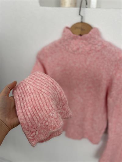 Yakası Ajurlu İspanyol Kol Pembe Triko