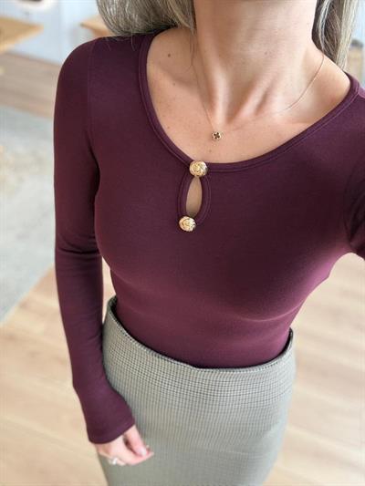 Yakası Aksesuarlı Mürdüm Bluz