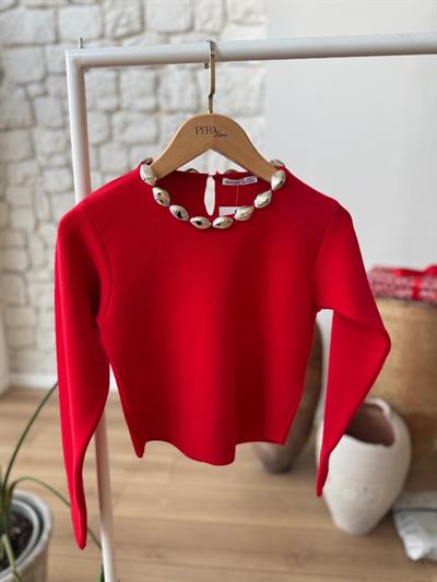 Yakası Boncuklu Kırmızı Çelik Triko Bluz