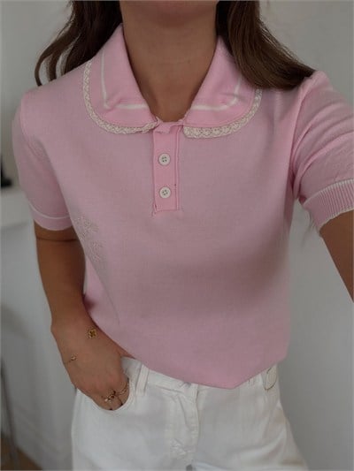 Yakası Dantel Detaylı Polo Yaka Triko-Pembe