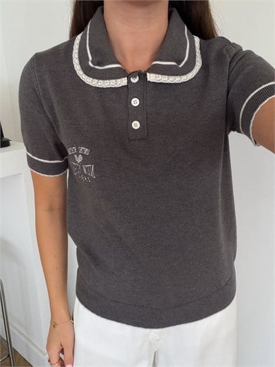 Yakası Dantel Detaylı Polo Yaka Triko-Gri
