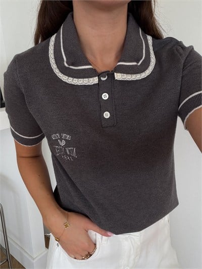 Yakası Dantel Detaylı Polo Yaka Triko-Gri