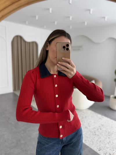Yakası Kot Garnili Polo Yaka Kırmızı Triko