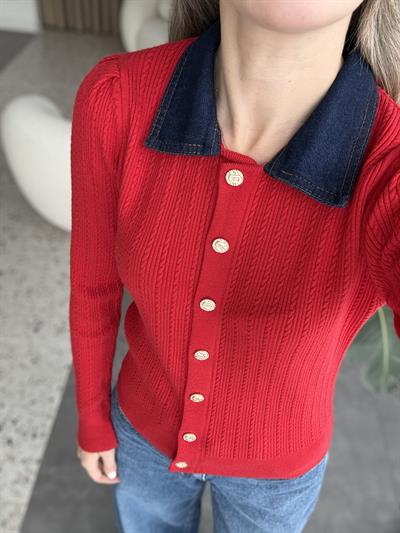 Yakası Kot Garnili Polo Yaka Kırmızı Triko