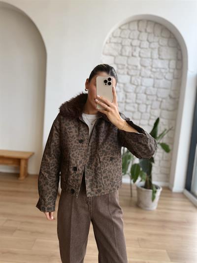 Yakası Kürklü Leopar Desen Mont