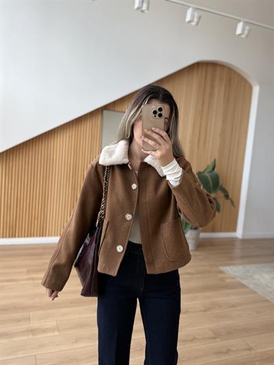 Yakası Kürklü Taba Kaşe Ceket