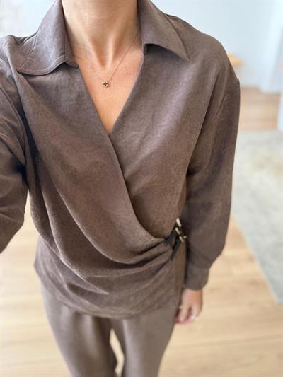 Yandan Çift Kemerli Gömlek - Pantolon Kahverengi Takım