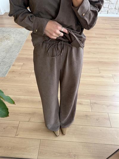 Yandan Çift Kemerli Gömlek - Pantolon Kahverengi Takım