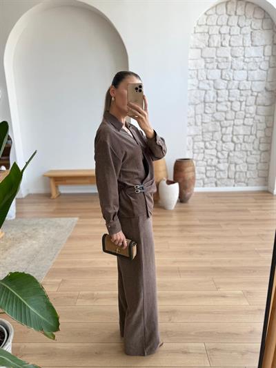 Yandan Çift Kemerli Gömlek - Pantolon Kahverengi Takım