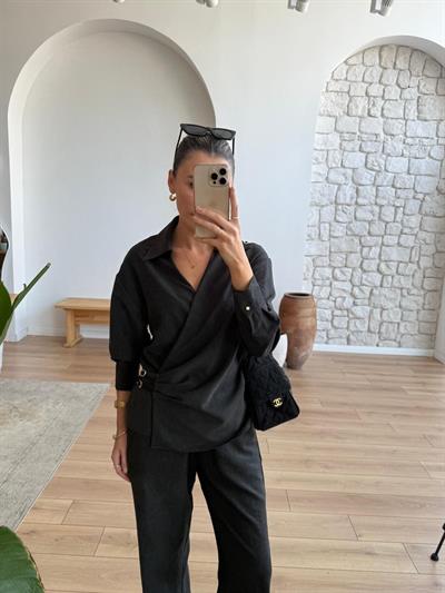 Yandan Çift Kemerli Gömlek - Pantolon Siyah Takım