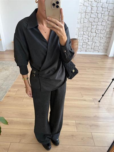 Yandan Çift Kemerli Gömlek - Pantolon Siyah Takım