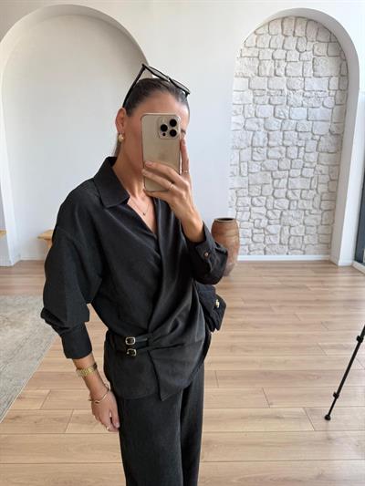 Yandan Çift Kemerli Gömlek - Pantolon Siyah Takım