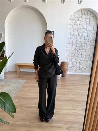 Yandan Çift Kemerli Gömlek - Pantolon Siyah Takım