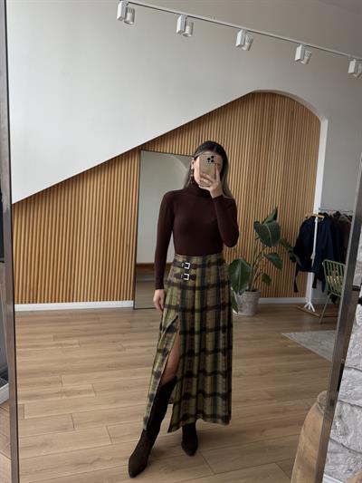 Yandan Çift Kemerli Olive Etek