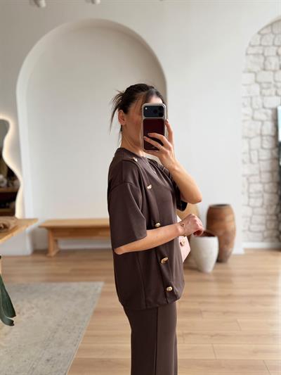 Yandan Düğme Detaylı Kahverengi Modal Takım