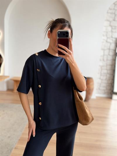 Yandan Düğme Detaylı Lacivert Modal Takım