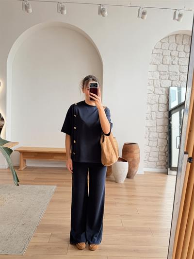 Yandan Düğme Detaylı Lacivert Modal Takım