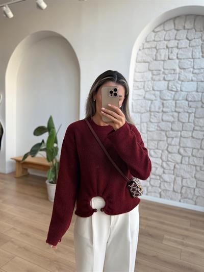 Yanı Toka Detaylı Bordo Triko Kazak