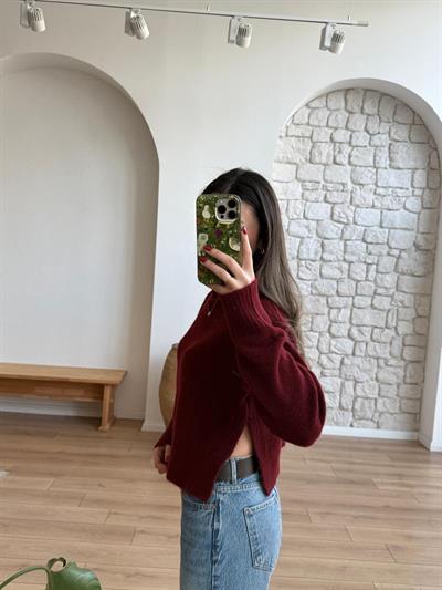 Yanları Yırtmaçlı Yumoş Bordo Kazak