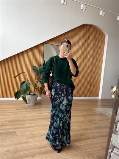 Yeşil Floral Desenli Saten Etek