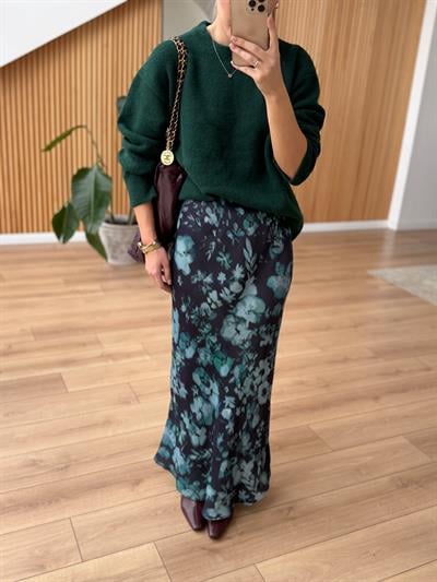 Yeşil Floral Desenli Saten Etek