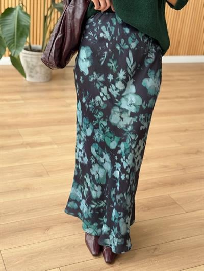 Yeşil Floral Desenli Saten Etek