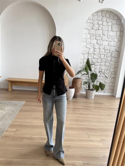 Yıkamalı Geniş Paça Mavi Jean Pantolon