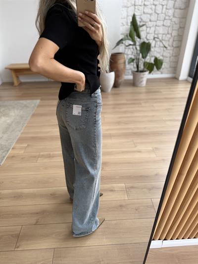 Yıkamalı Geniş Paça Mavi Jean Pantolon