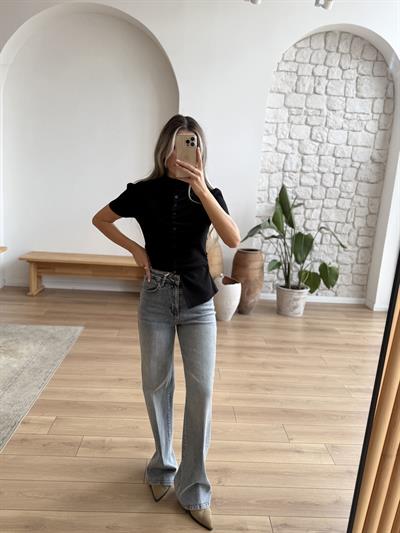 Yıkamalı Geniş Paça Mavi Jean Pantolon