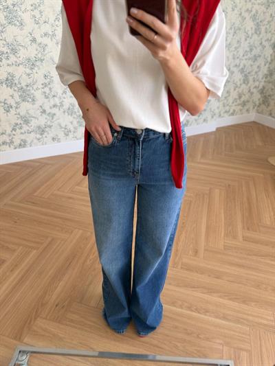 Yıkamalı Koyu Mavi Geniş Paça Jean