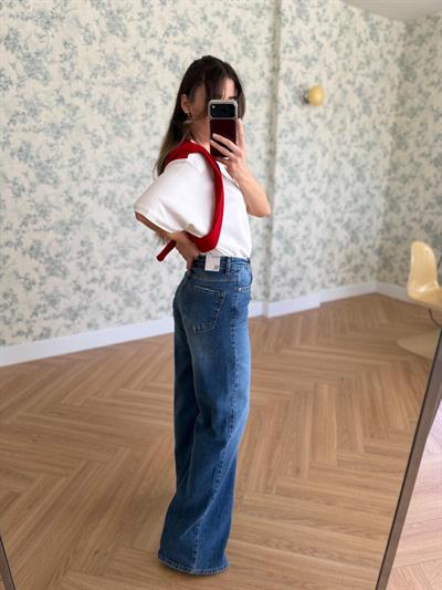 Yıkamalı Koyu Mavi Geniş Paça Jean