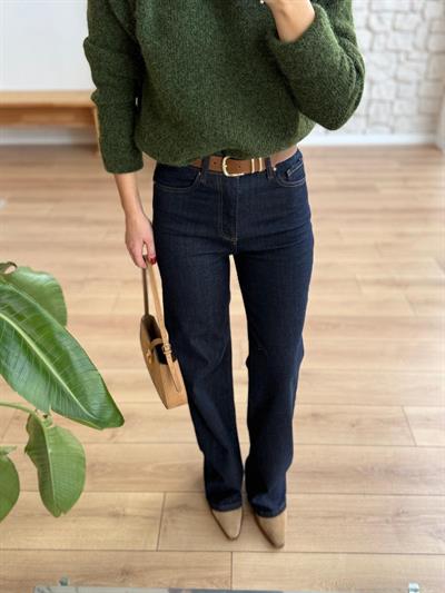 Yüksek Bel Kemerli Lacivert Jean