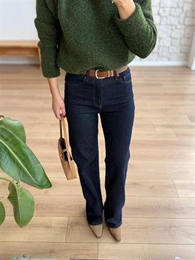 Yüksek Bel Kemerli Lacivert Jean