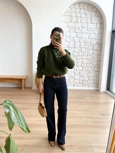 Yüksek Bel Kemerli Lacivert Jean