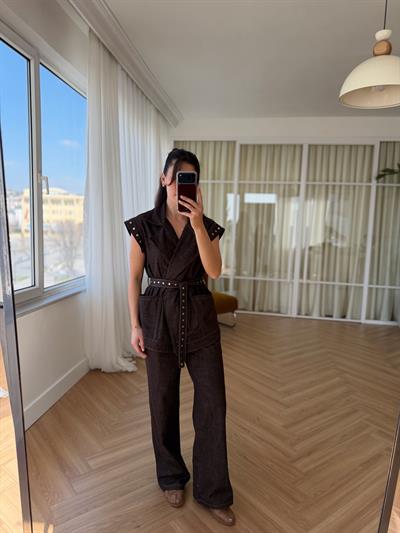 Zımba Detaylı Kahve Denim Takım