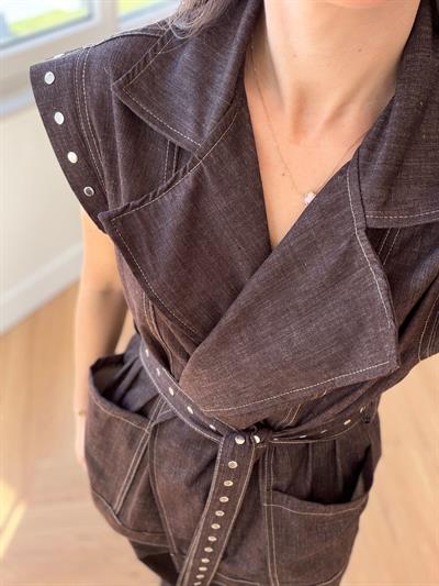 Zımba Detaylı Kahve Denim Takım