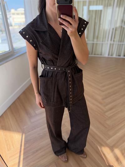 Zımba Detaylı Kahve Denim Takım