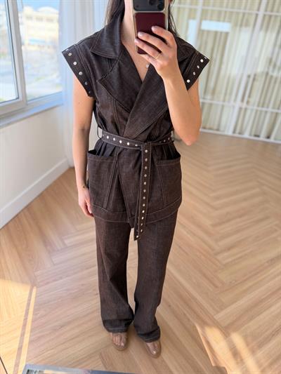 Zımba Detaylı Kahve Denim Takım