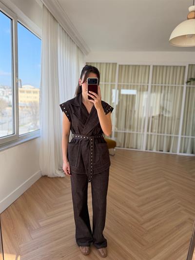 Zımba Detaylı Kahve Denim Takım